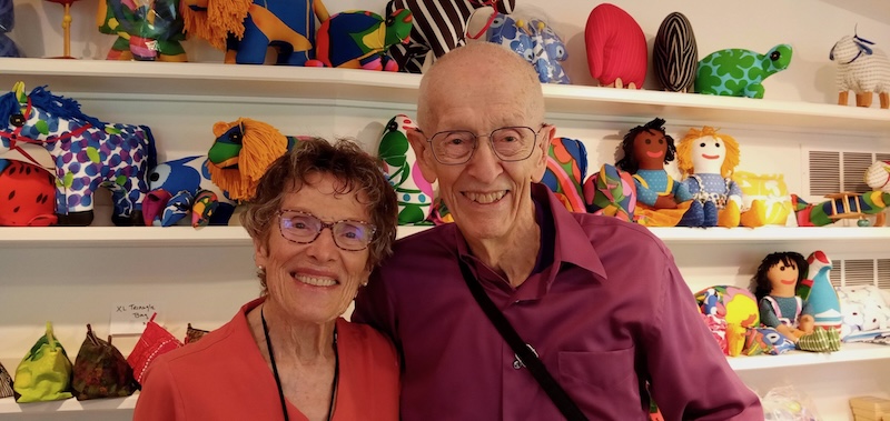 Lin and Bob at annual Banbury Cross open house and sale. Marimekko fabric...great color