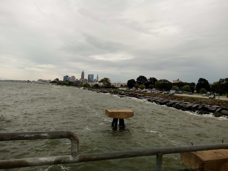 Lake Erie with wind. Cleveland skylinee in distance